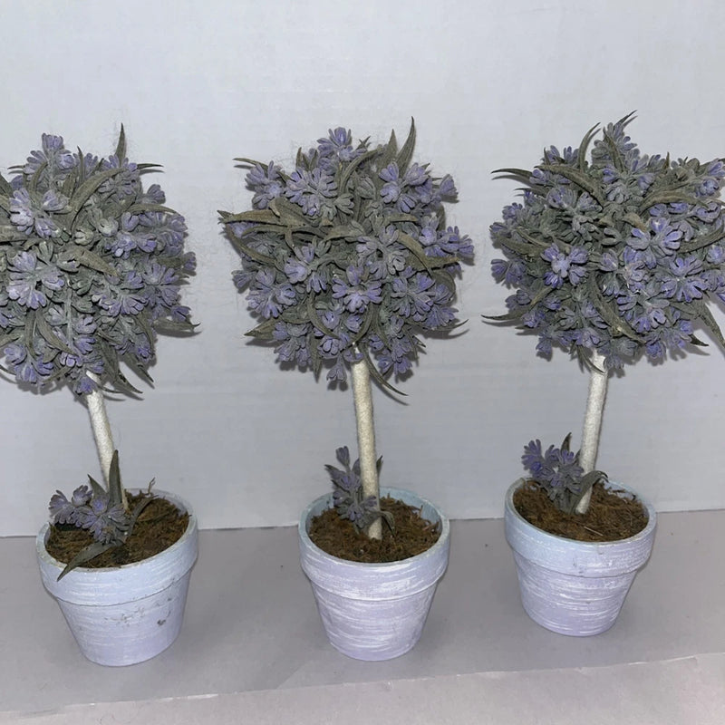 Set Of 3 Faux Lavender Topiary Plants In Distressed Pots Rustic Farmhouse Decor Flowering Plants