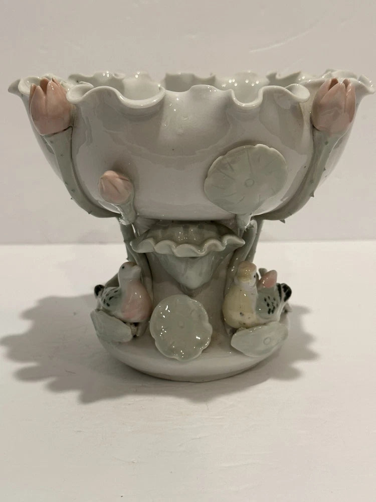 Vintage Porcelain Lotus Flower Bowl With Lily Pads And Ducks. Handcrafted Lily