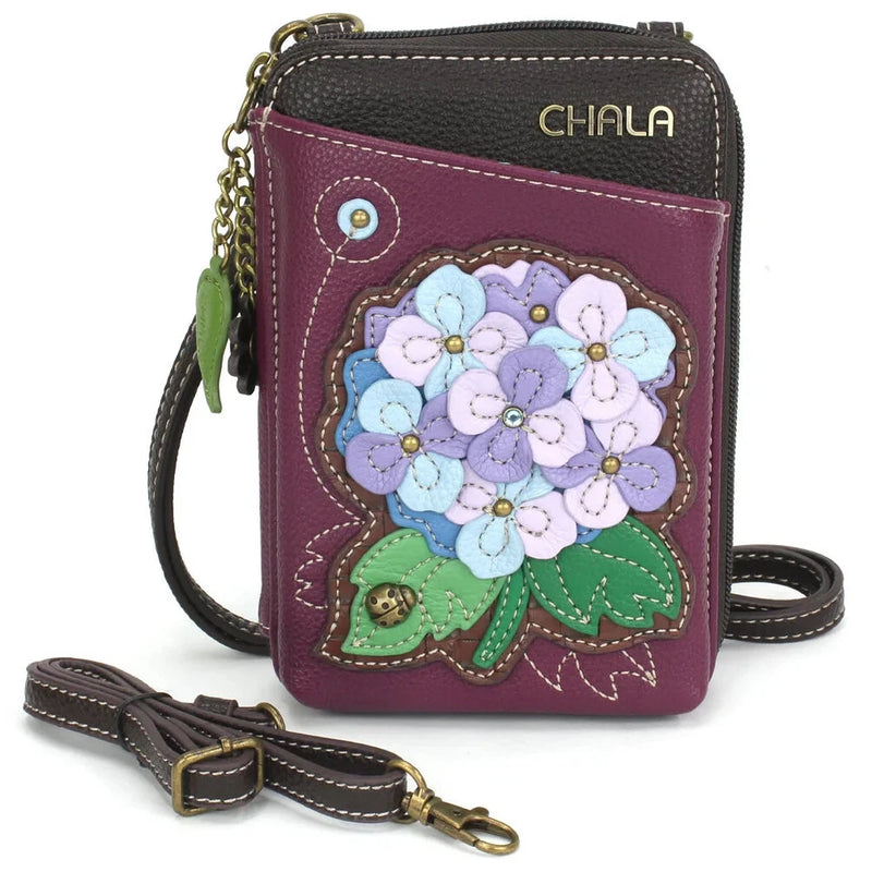 NEW CHALA PURPLE HYDRANGEA FLOWER ZIPPERED CROSSBODY WALLET FAUX LEATHER Hydrangea