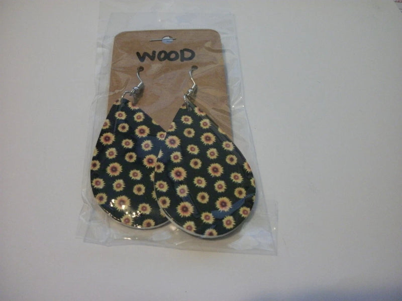 Teardrop sunflower wood fishhook earrings, yellow and navy floral pattern