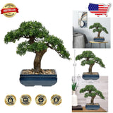 Realistic Juniper Bonsai Tree Faux Plant w/ Blue Ceramic Pot - 16" Zen Decor Green Plant