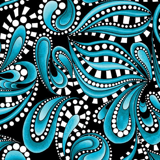 Xanadu cotton quilt fabric Benartex 16155-84 Teal Paisley on black Flowering Plants
