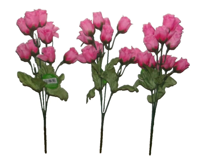 Set of 3 artificial pink rose-like flower stems with green leaves, on long dark stems