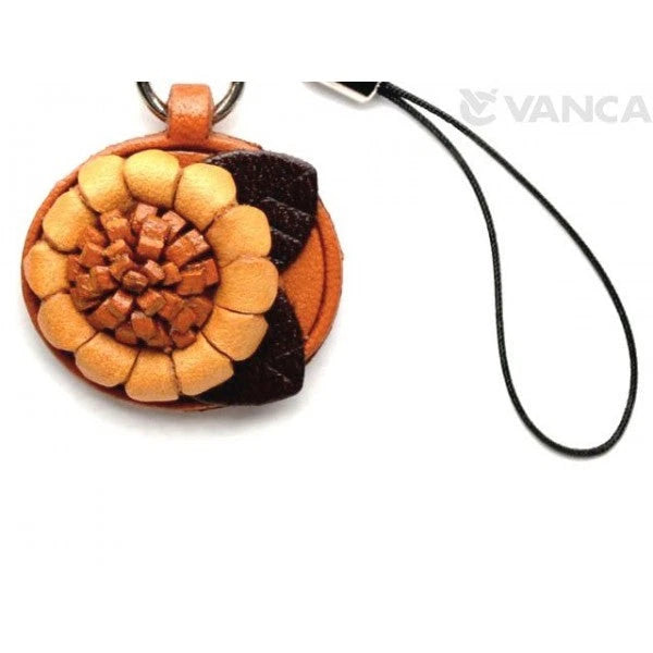Sunflower leather cellphone charm with black cord and orange-yellow petal design