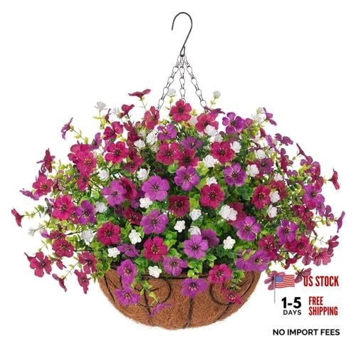 Artificial Faux Hanging Plants Flowers Basket Purple Purple-red White-boxwood Flowering Plants