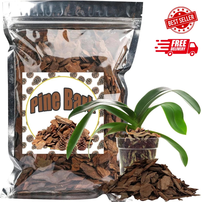 Pine bark mulch in sealed bag with small orchid in pot, dark brown bark pieces