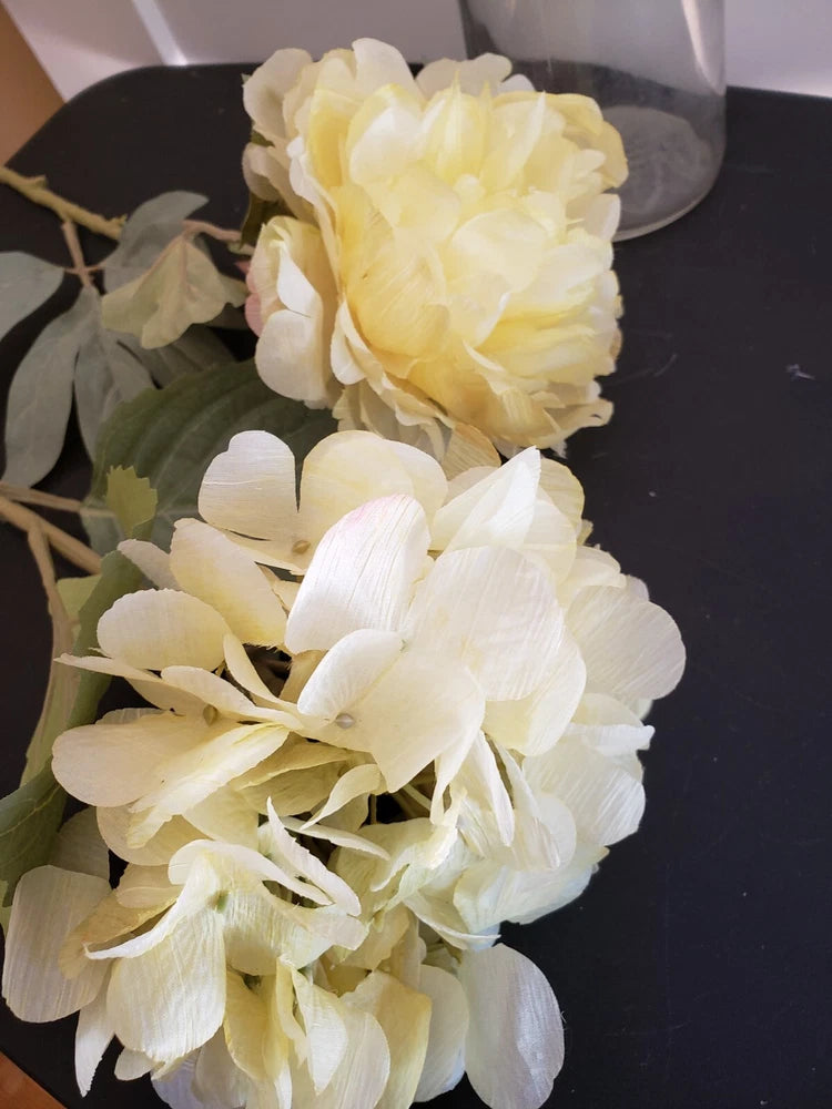 Unusual yellow artificial peony and hydrangea for wreath making or arrangements Peony