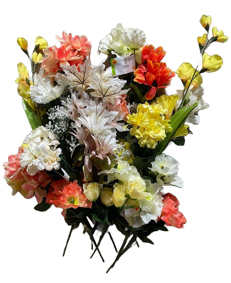 Artificial autumn floral bouquet with white, coral, orange, and yellow flowers and leaves
