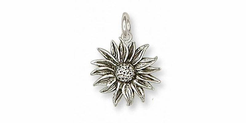 Sterling silver sunflower flower charm with hanging loop, detailed petals and center