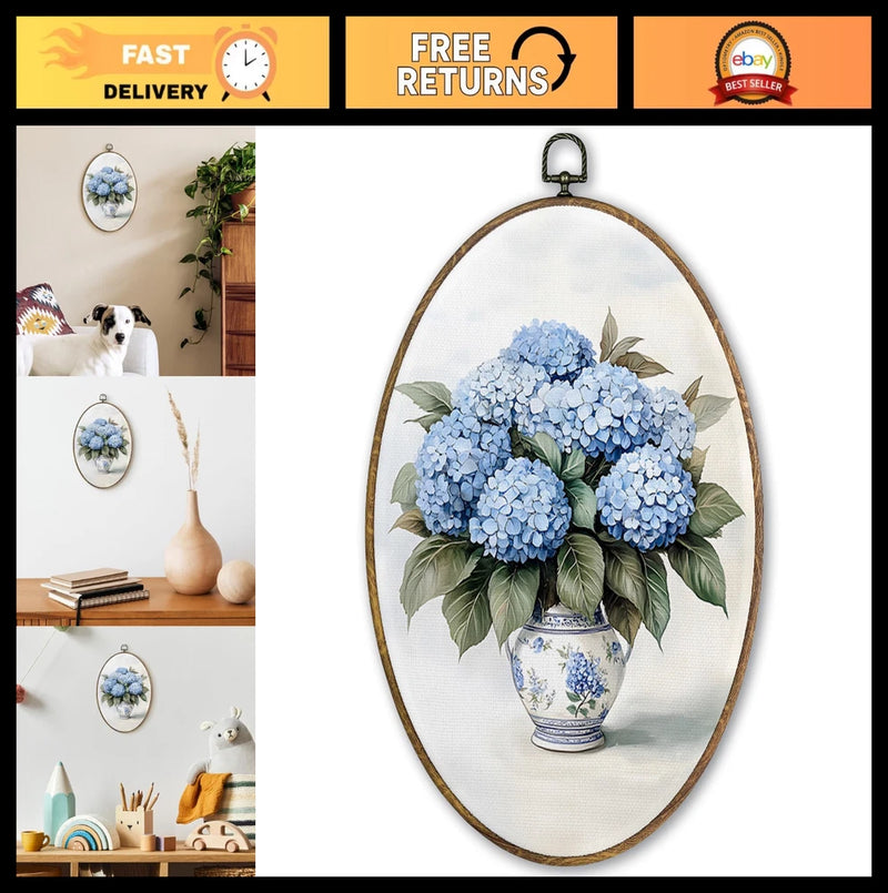 Vintage Blue Hydrangea Oval Wall Art Decor - Framed Floral Canvas Print 9x12 Hydrangea