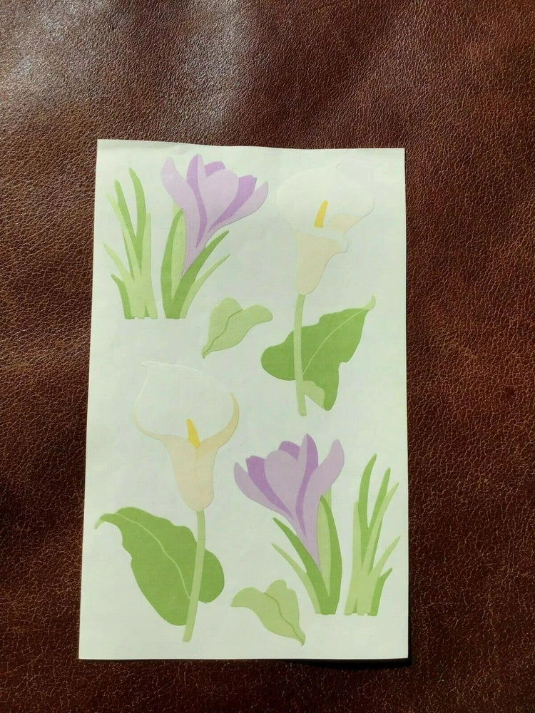 Mrs Grossman's vellum sticker sheet with purple and yellow calla lilies and green leaves