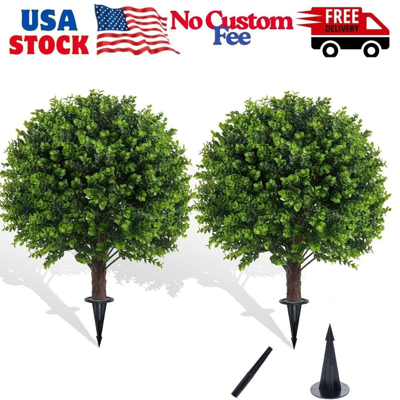 Set of 2 artificial boxwood topiary trees, green foliage, pointed spike bases