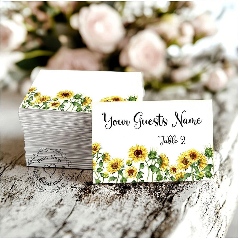 Sunflower floral wedding place cards, white with sunflower border and guest name text
