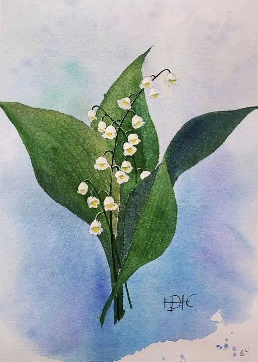 Watercolor floral painting with lily-of-the-valley bells and green leaves on light background