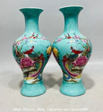 8'' Yongzheng Famille Rose Porcelain Phoenix Bird Peony Flower Bottle Vase Pair Peony