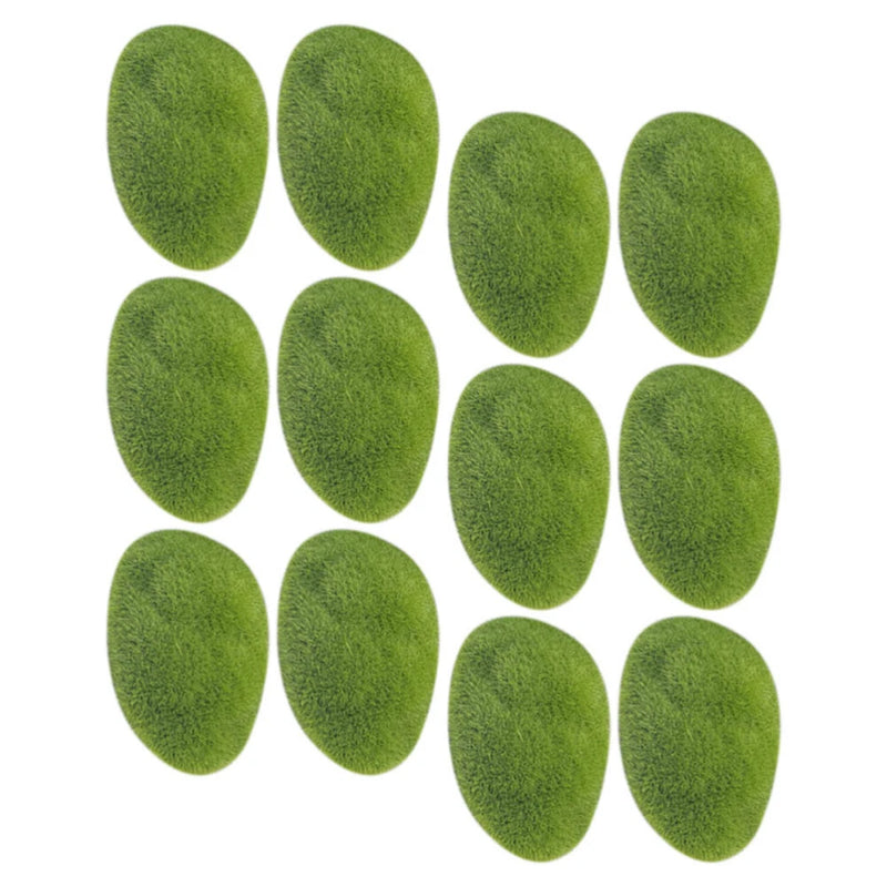 Set of 12 oval artificial moss rocks in green