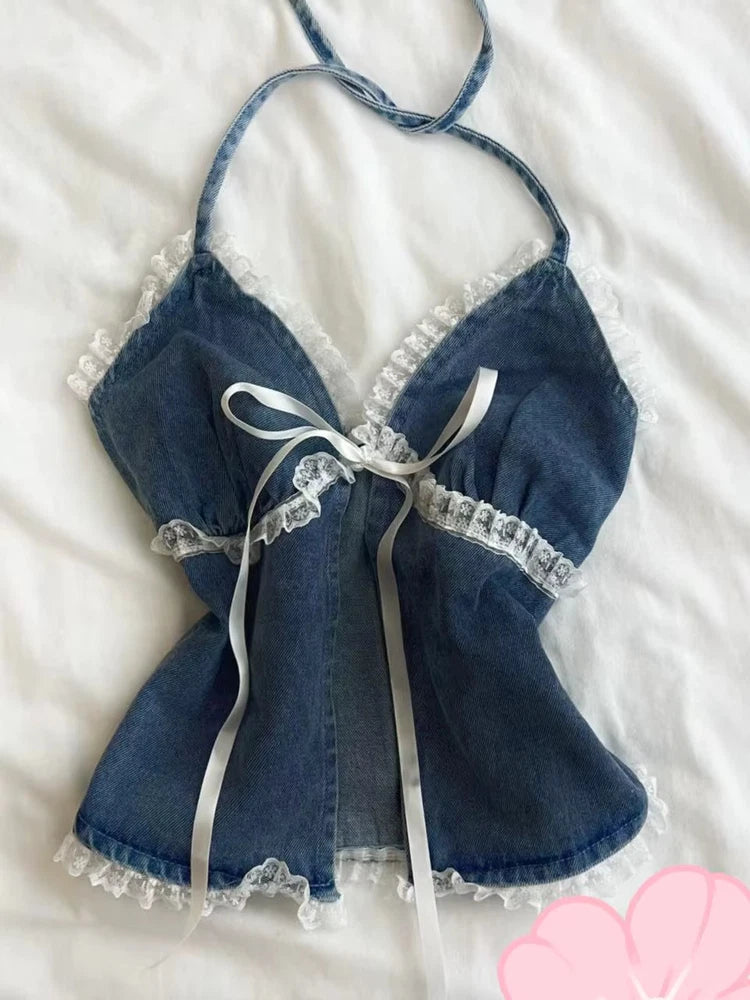 Floral lace halter cami top, dark blue denim with bow-tie neck and lace trim