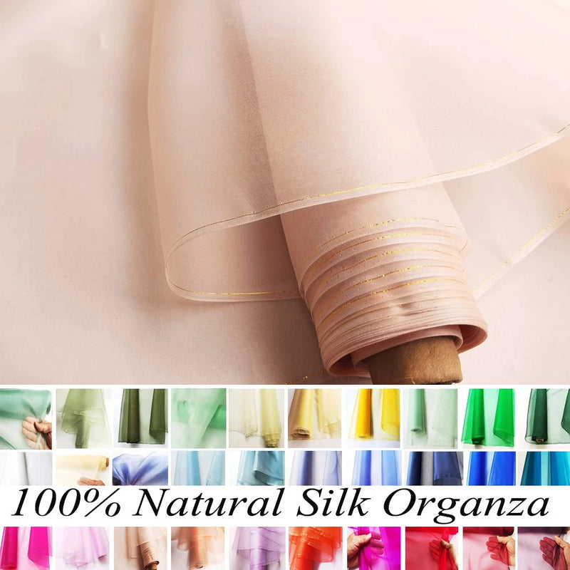 Natural silk organza fabric roll, sheer stiff transparent gauze with light beige sheen