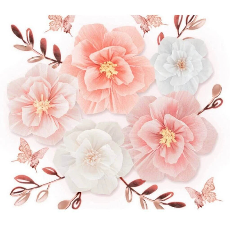 Pink and white crepe paper peony flower wall hanging with butterflies and leaves
