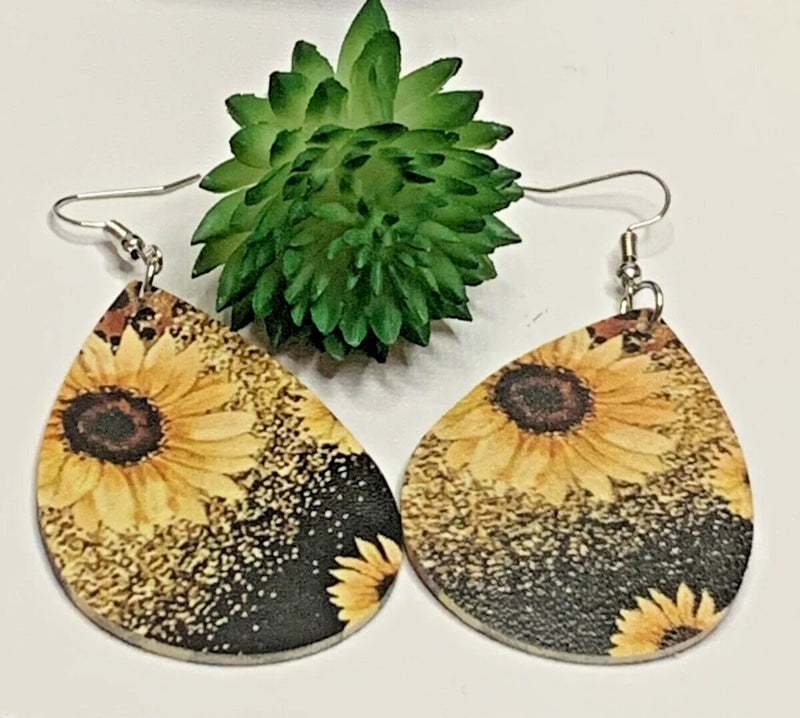 Sunflower print heart dangle earrings with silver hooks