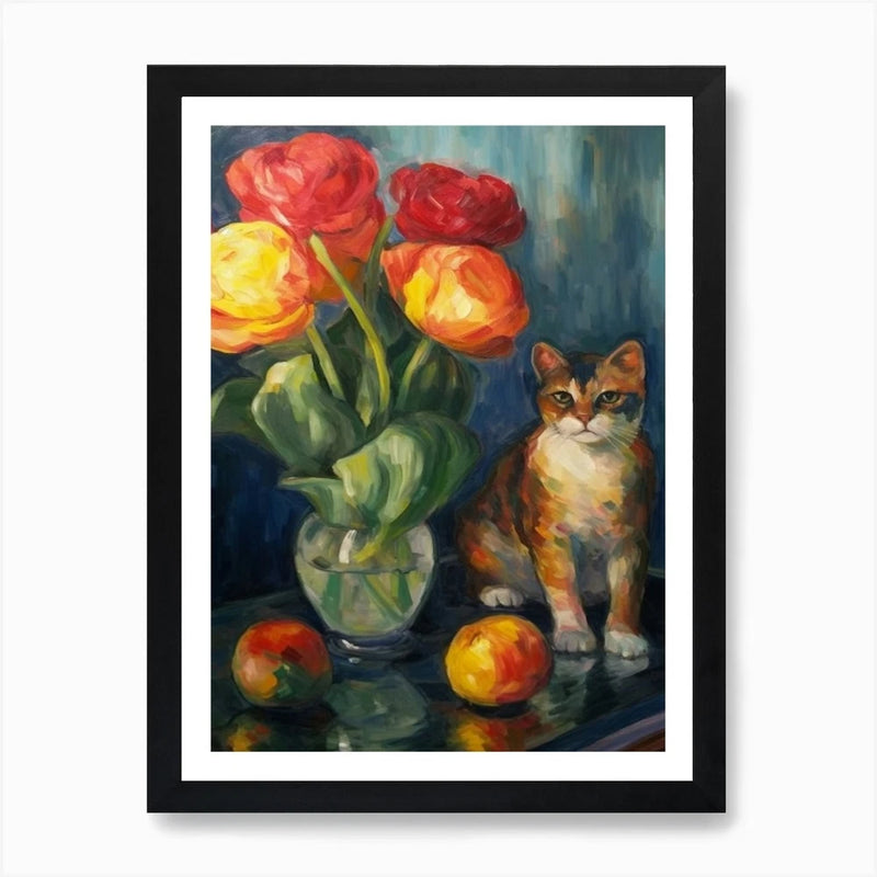 Flower Vase Ranunculus With A Cat 1 Framed Wall Art Poster Canvas Print Picture Ranunculus