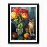 Flower Vase Ranunculus With A Cat 1 Framed Wall Art Poster Canvas Print Picture Ranunculus