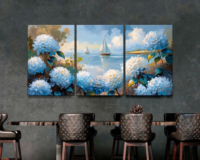 Hydrangea Sailboat Triptych Set of 3 Coastal Canvas Prints, Nautical Wall Art Hydrangea