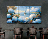 Hydrangea Sailboat Triptych Set of 3 Coastal Canvas Prints, Nautical Wall Art Hydrangea