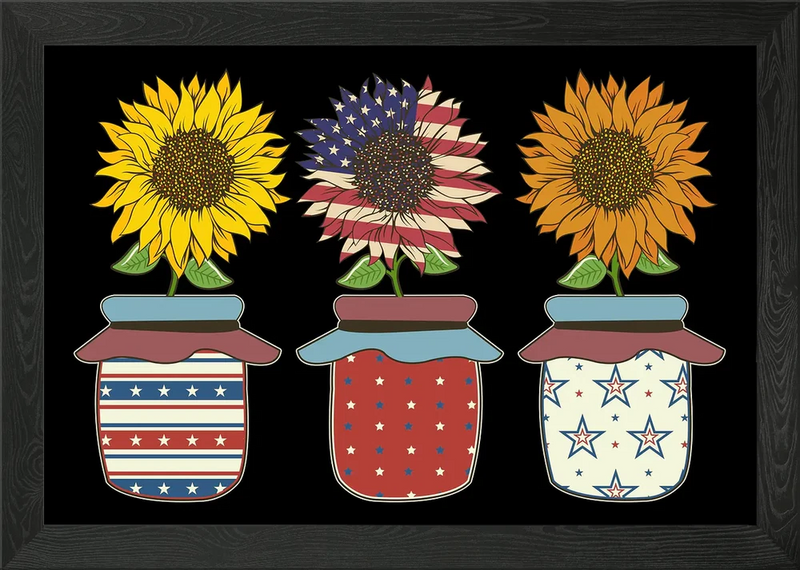 Framed wall art with three sunflower and mason jar designs in patriotic colors