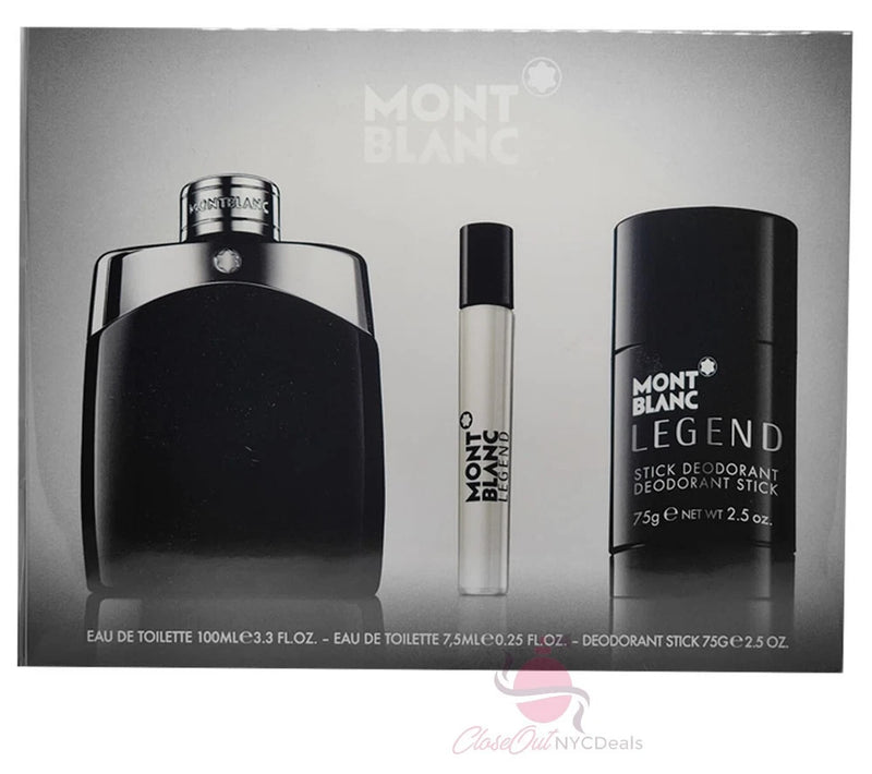 Mont Blanc Legend 3 Pc Gift Set for Men -3.3 oz EDT Sp+2.5 oz Deo+0.25 oz EDT Sp EDT