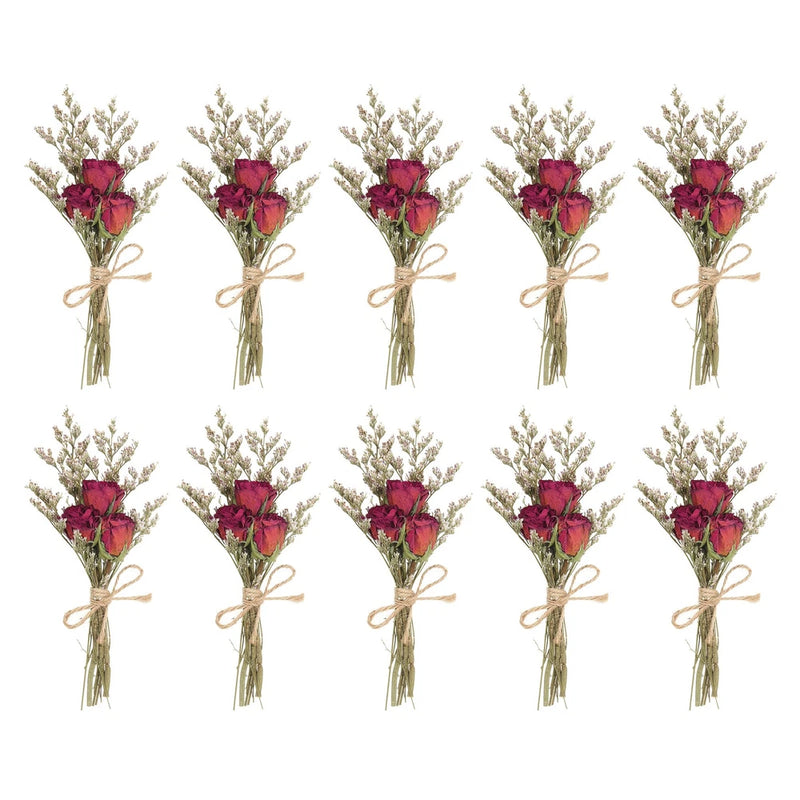 Set of 10 mini dried flower bouquets with red roses and beige twine ties