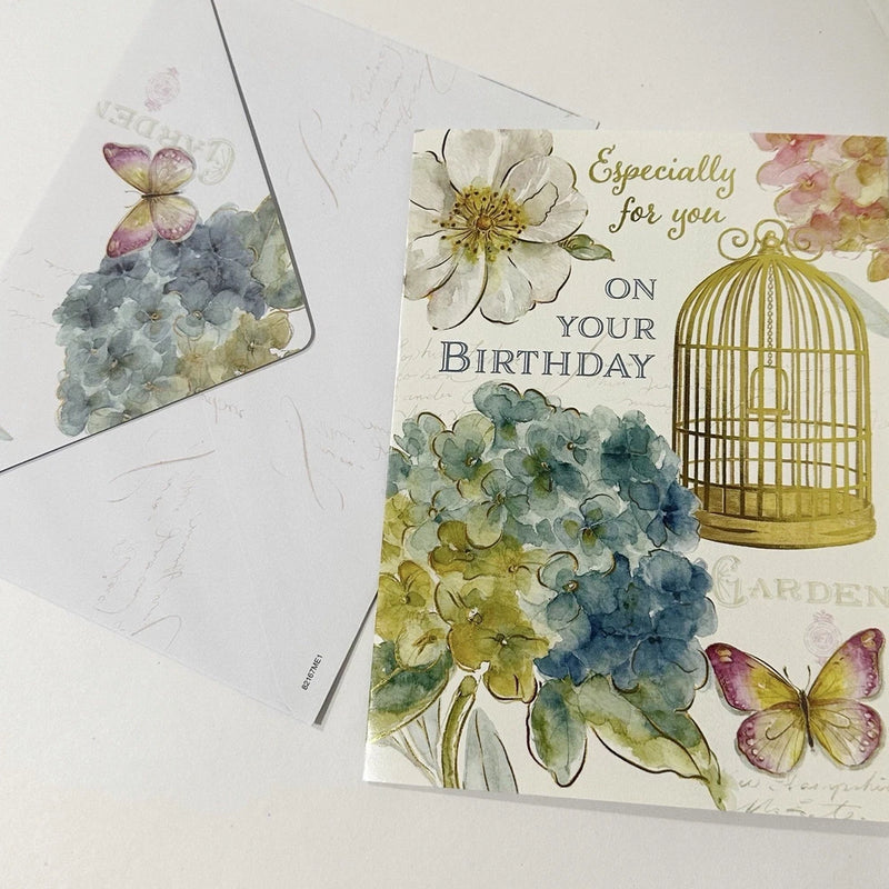 Happy Birthday Greeting Card With Envelope Floral Hydrangea Flowers Butterflies Hydrangea