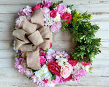 Fuchsia pink & cream floral handmade boxwood greenery wreath with linen bow Green Plant
