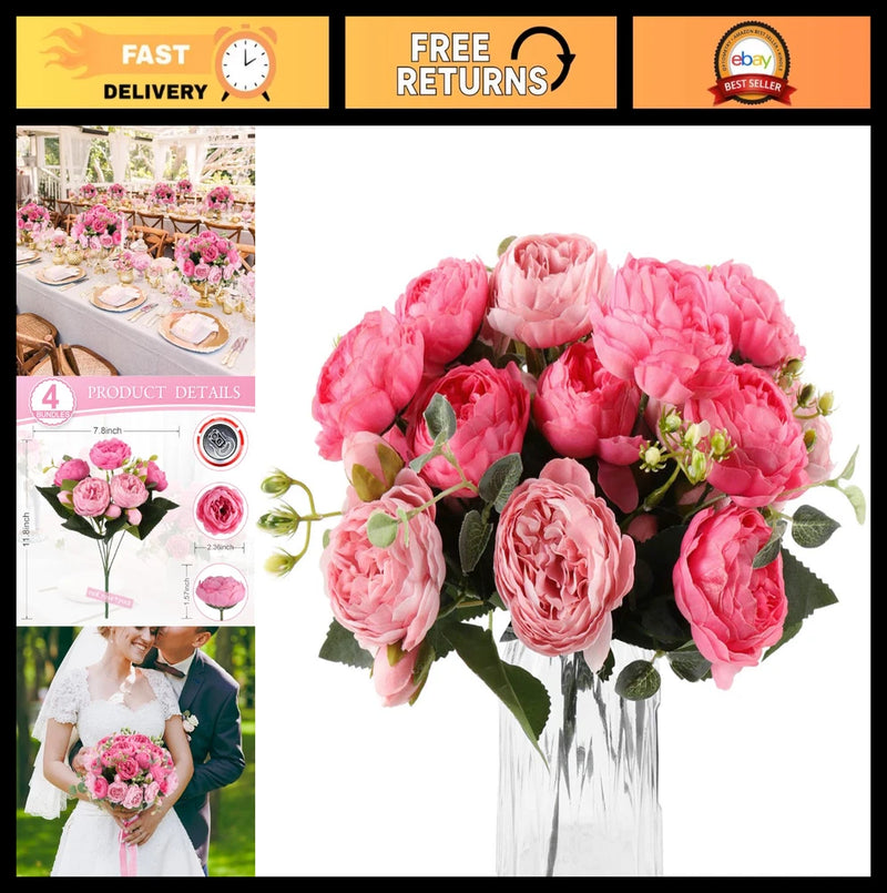 Artificial silk peony flower bouquet with pink blooms and green leaves in a clear vase