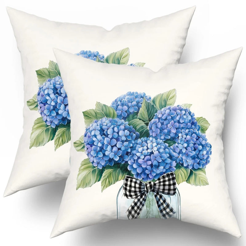 Hydrangea Throw Pillow Cover 20x20inch Set of 2 Spring Blue Floral Mason Jar ... Hydrangea
