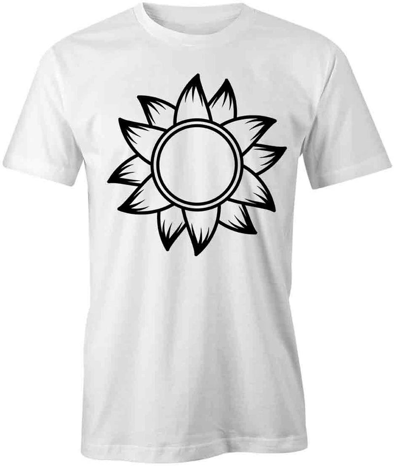 White cotton T-shirt with black sunflower graphic, short sleeves and crew neck