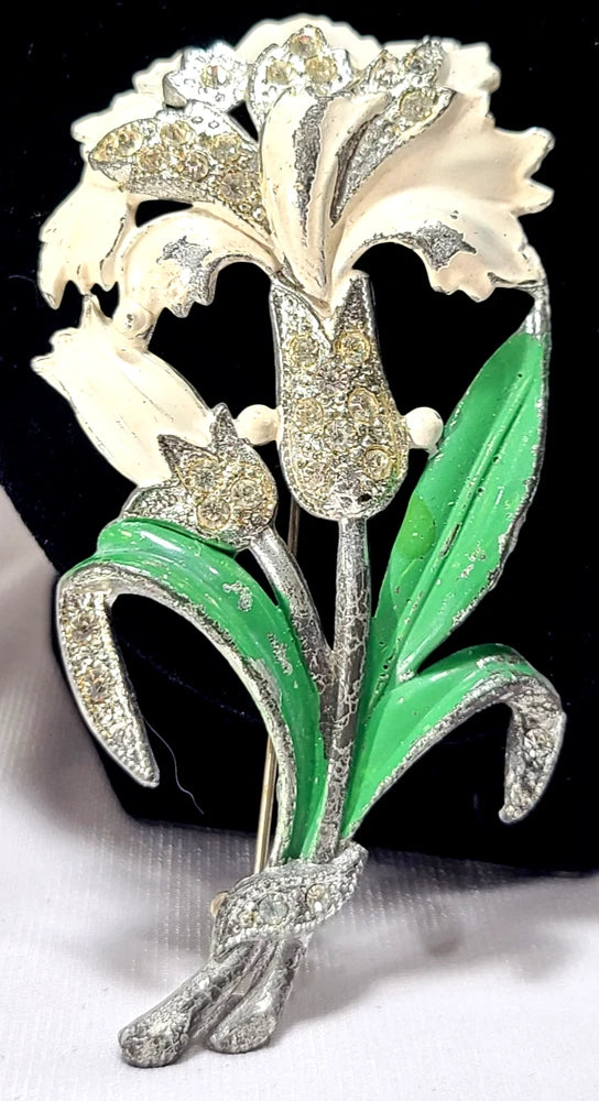 Vintage Silver Carnation Flower Enamel Brooch Pin Carnation