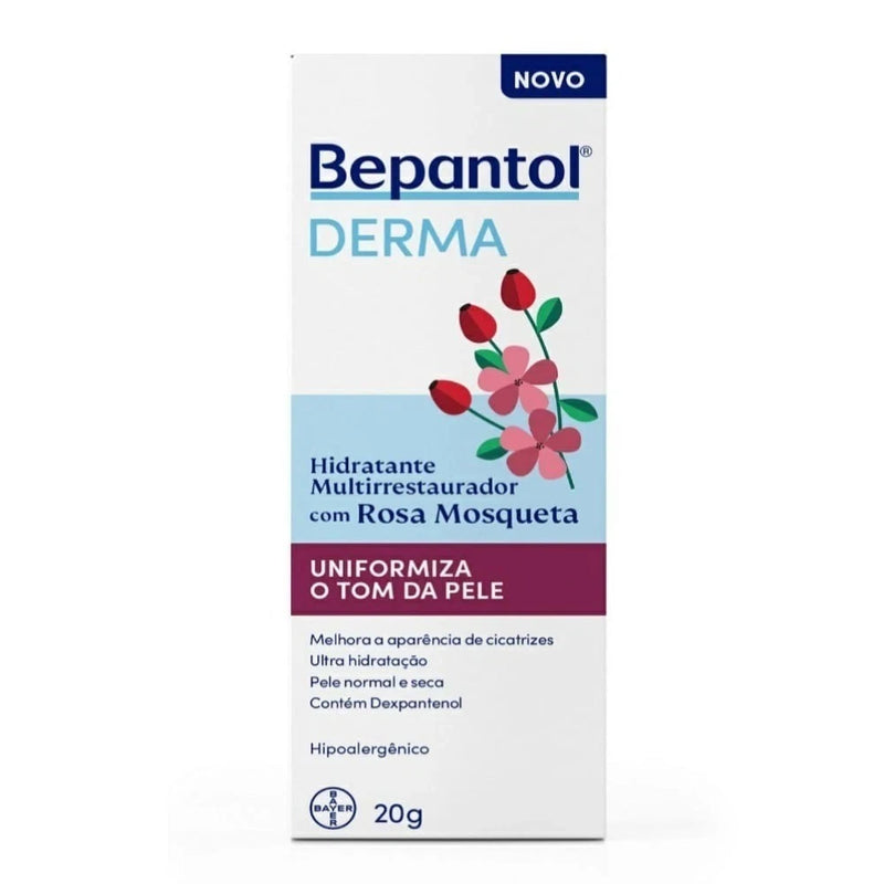 Bepantol Derma moisturizing cream box, 20g, with rosehip oil and rosehip flower graphic