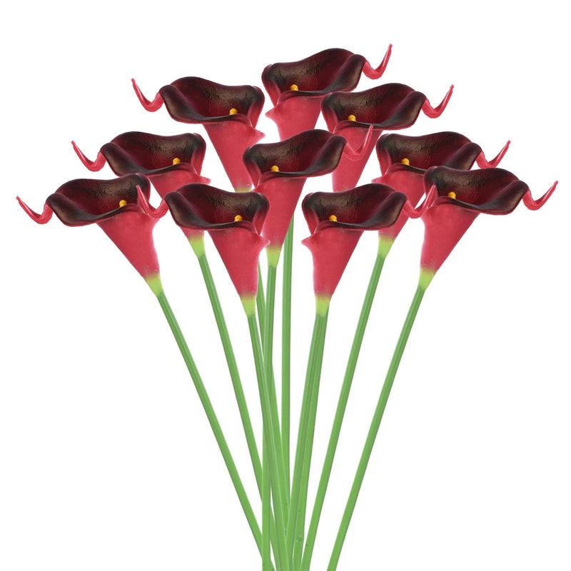 Artificial calla lily flower bouquet decor, burgundy-red blooms with green stems (10-piece)