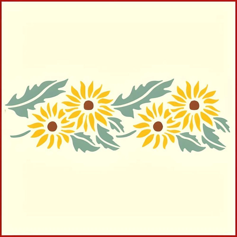 Sunflower border stencil with yellow flowers and green leaves, decorative Victorian style