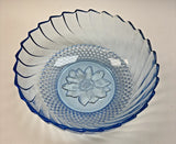 Blue Pressed Glass Serving Bowl 9" Swirl Sunflower Pattern Scalloped Edge KIG Sunflower