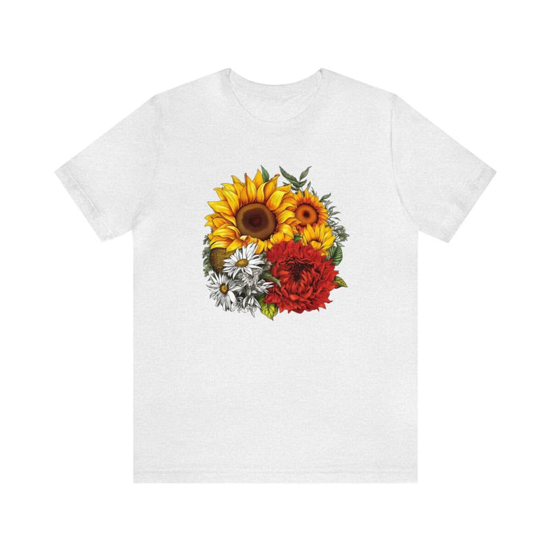 White t-shirt with sunflower, red and orange blooms, and small white daisies front graphic