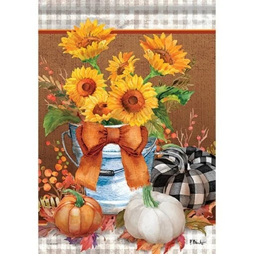 Sunflower and gingham garden flag with bouquet, pumpkins, and white pumpkin accents