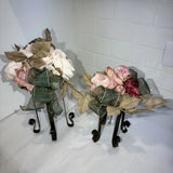 Artificial Pink/Dusty Rose/moss Flower FAUX Bouquet w Iron Legs Green Ribbon Dried Flower