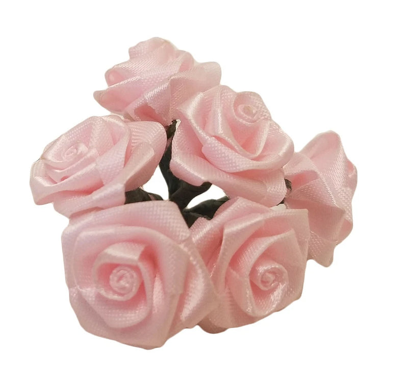 Baby pink satin ribbon rose flowers with wire stems, 25mm
