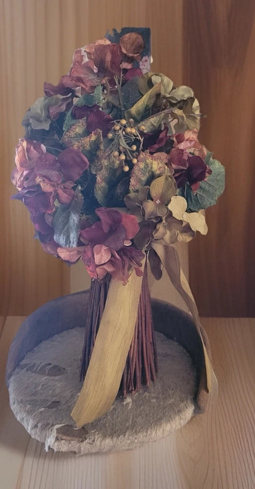Artificial Hydrangea Bouquet w/Stick Style Vase, Mix Of Cream, Burgundy, & Green Hydrangea