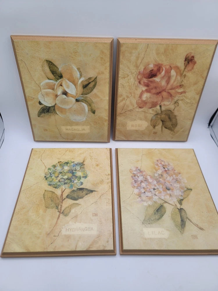 Floral Wall Plaques Hydrangea Magnolia Lilac Rose 8 x 10 Set of 4 Hydrangea