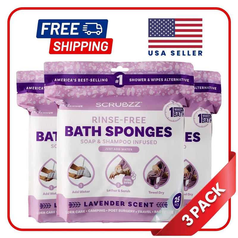 Lavender rinse-free bath sponges, disposable 3-pack in sealed package