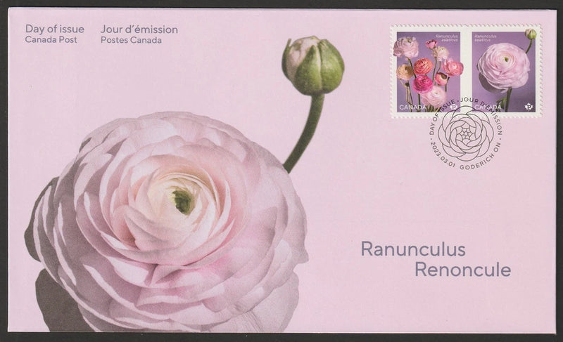 Canada #3375-3376, Ranunculus, Type 1, Official First Day Cover, FDC 2023 Ranunculus