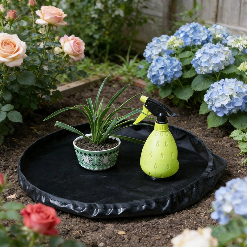 Waterproof potting mat, round black with ruffled edge for repotting and gardening